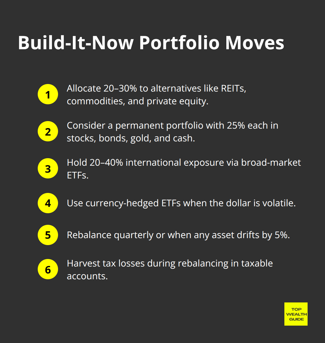 Compact checklist of practical allocation and maintenance steps for a resilient portfolio. - asset classes