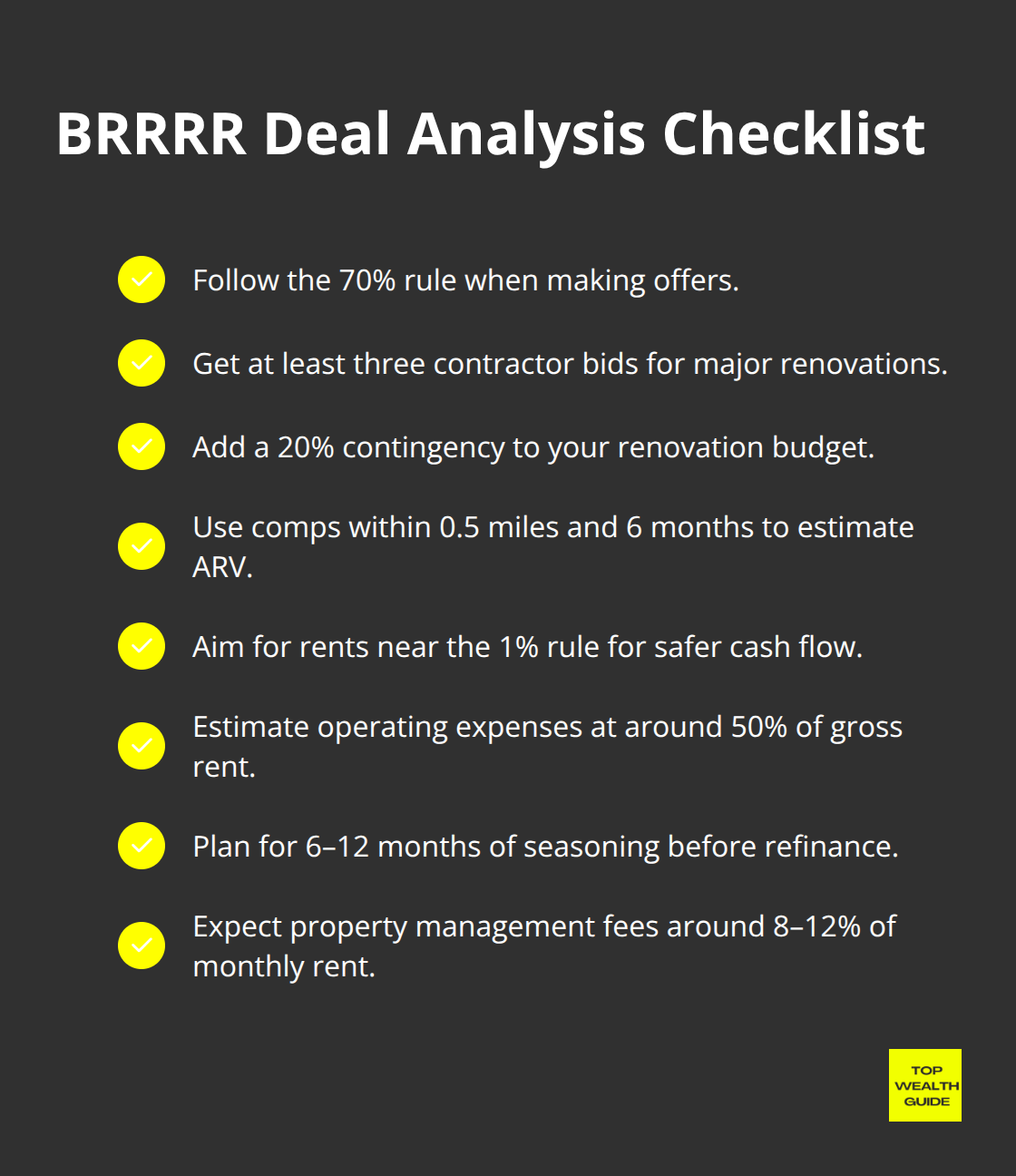Checklist of essential rules and benchmarks to analyze BRRRR deals - brrrr anaylsis