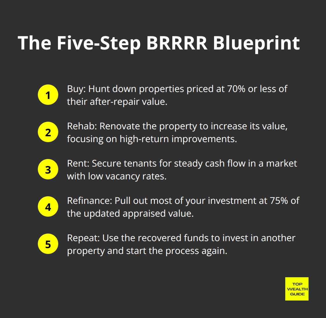 A compact ordered list showing the five steps of the BRRRR method: Buy, Rehab, Rent, Refinance, and Repeat. - brrrr method calculator