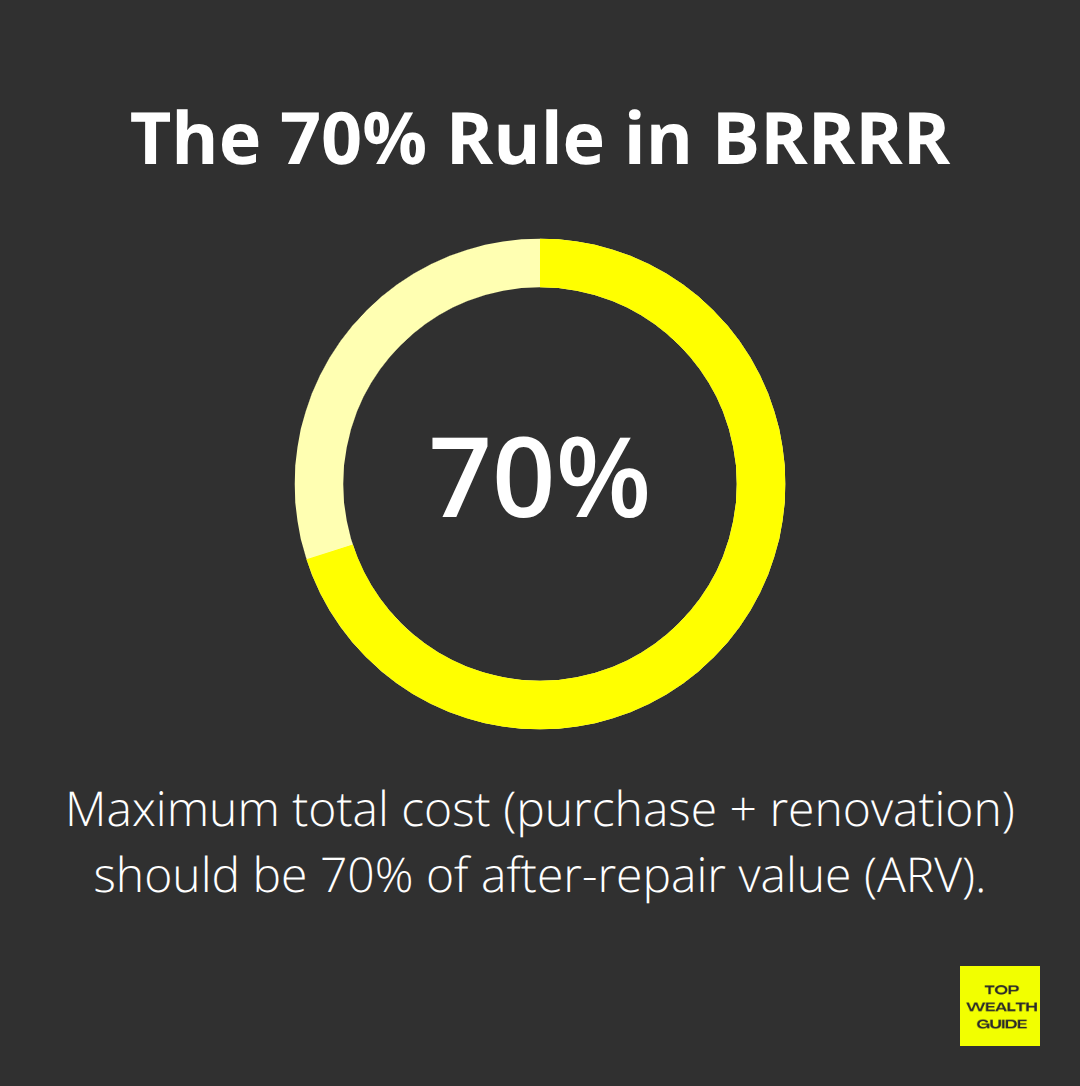 Percentage chart showing the 70% rule in BRRRR method: Maximum total cost should be 70% of after-repair value (ARV)