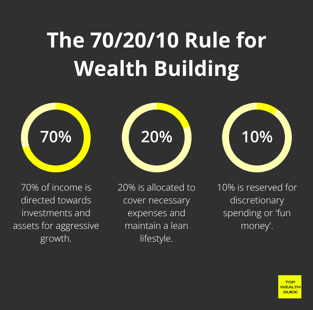 A percentage chart showing the 70/20/10 rule for wealth building: 70% for investments and assets, 20% for expenses, and 10% for discretionary spending.