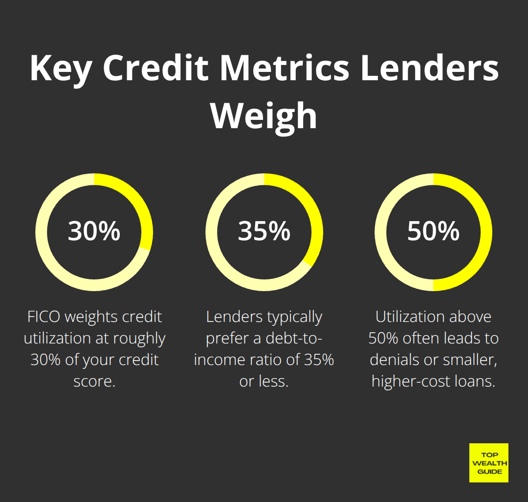 Chart showing 30% of FICO score from utilization, preferred DTI ≤35%, and higher risk above 50% utilization.