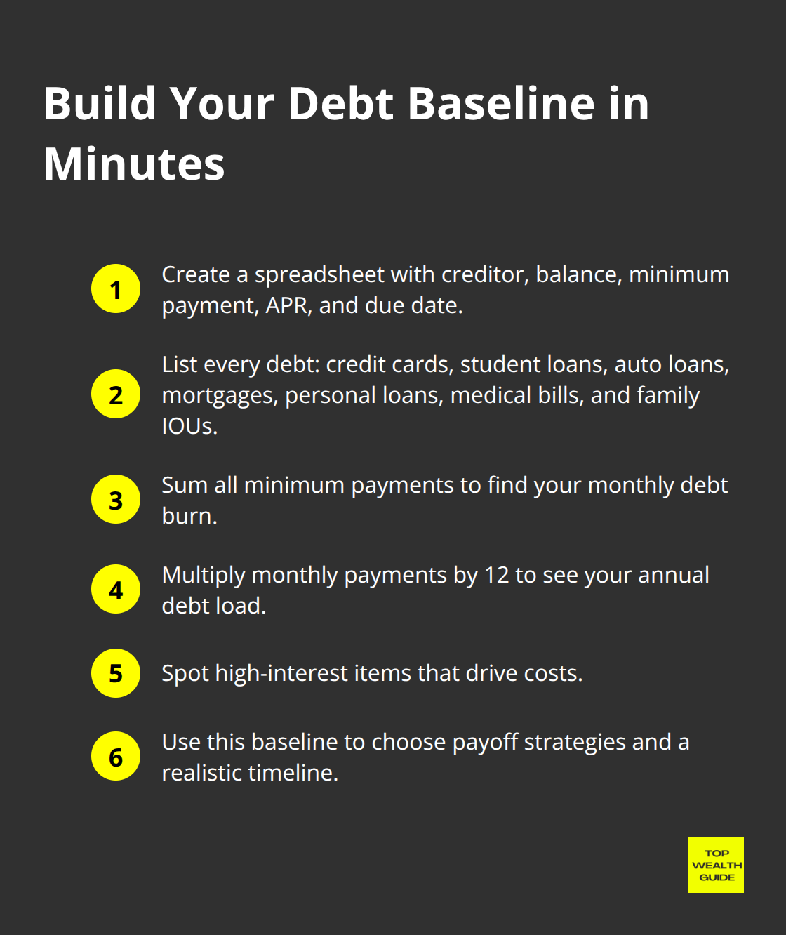 Compact checklist of steps to total debts, monthly dues, and annual load - debt elimination
