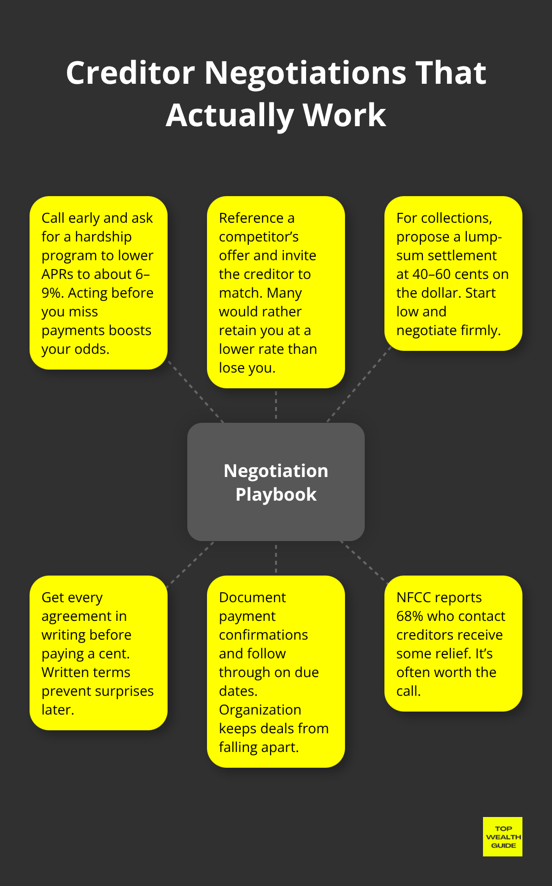 Hub-and-spoke of practical creditor negotiation tactics and outcomes