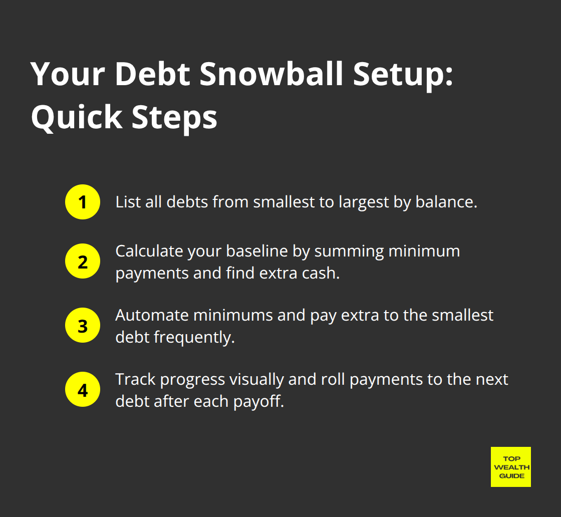 Ordered list of key steps to set up a debt snowball plan.