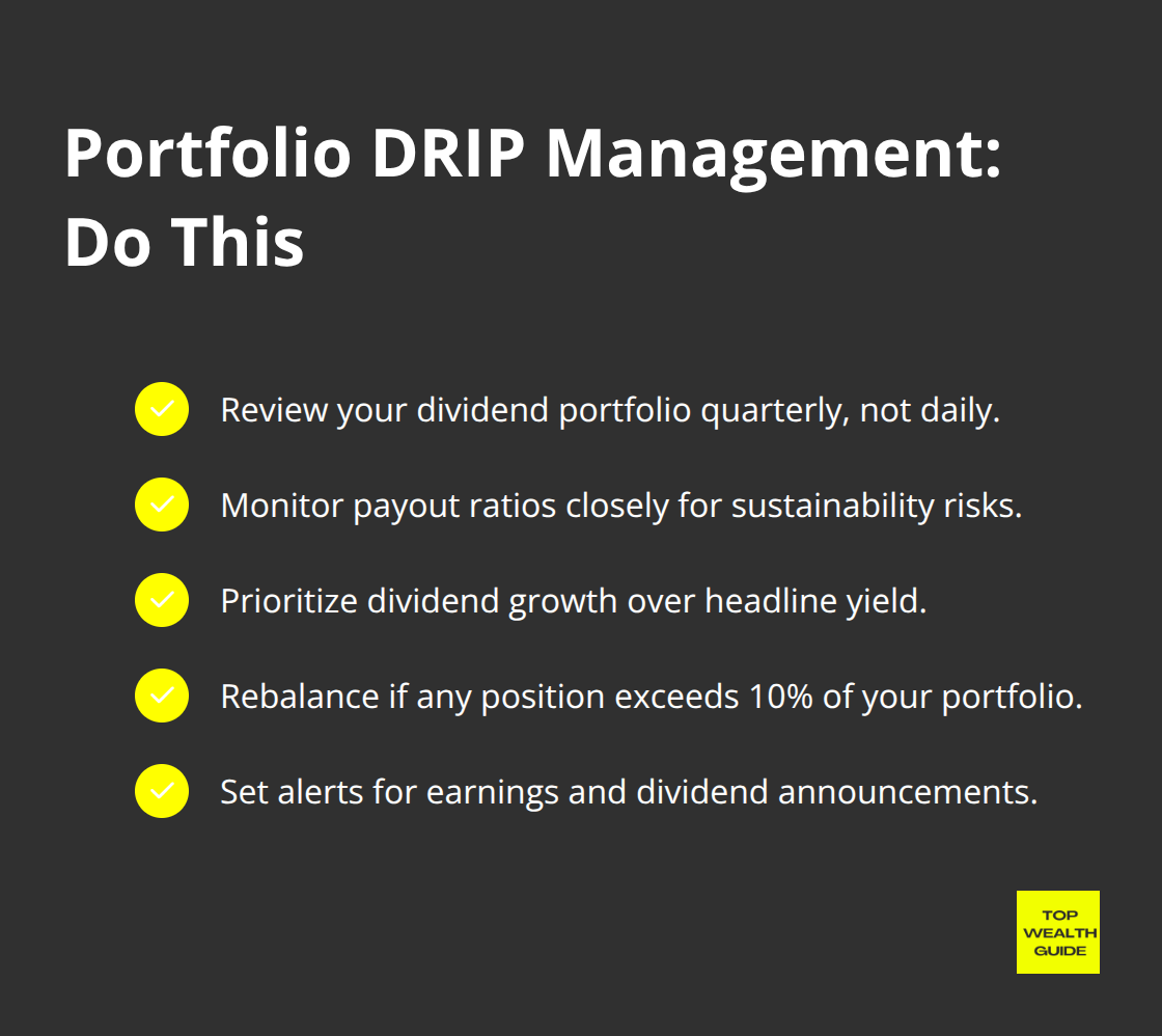 Checklist of DRIP portfolio management actions including reviews, payout ratio monitoring, dividend growth focus, rebalancing, and alerts. - Dividend reinvestment
