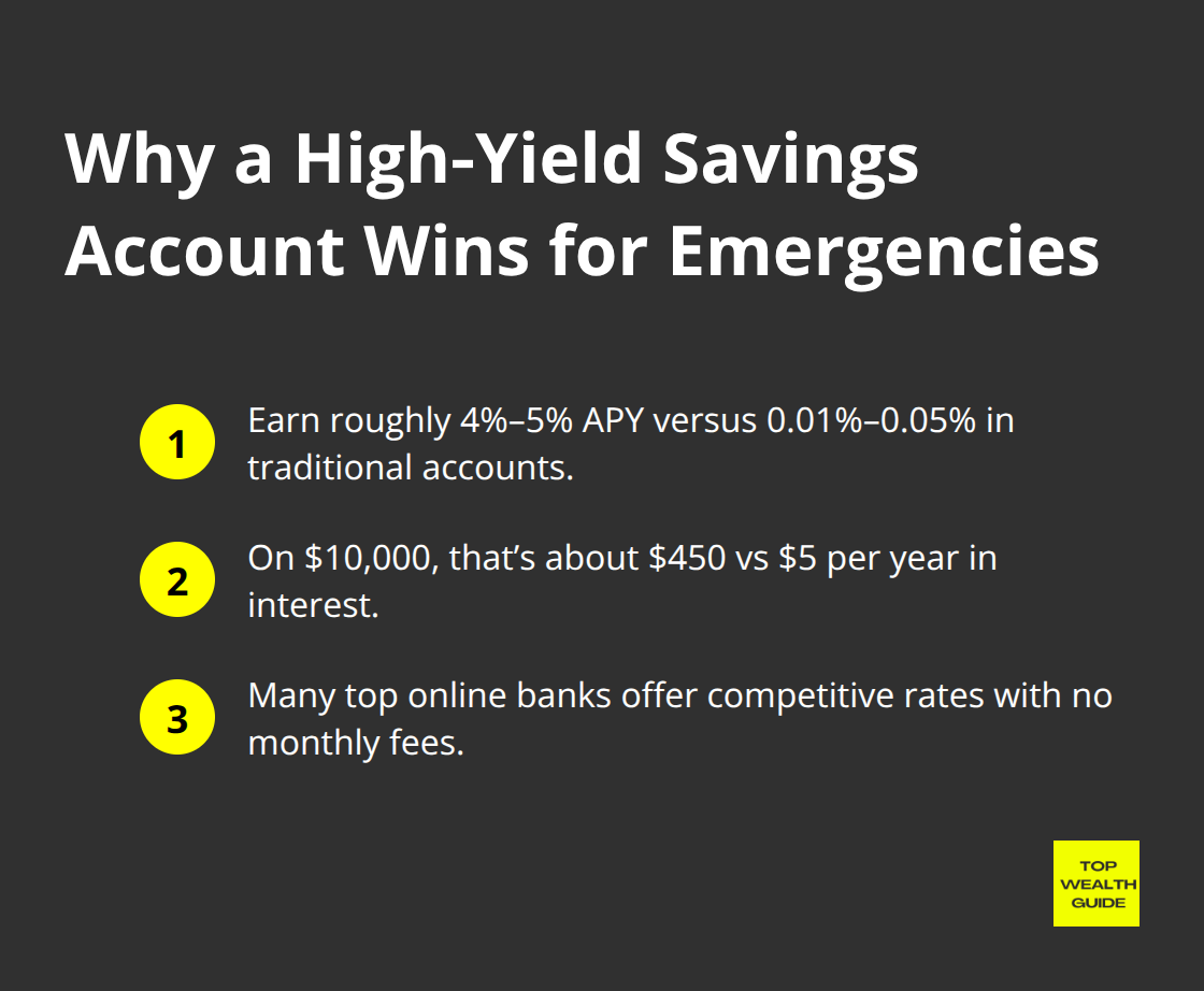 Quick comparison of high‑yield savings versus traditional accounts for emergency funds.