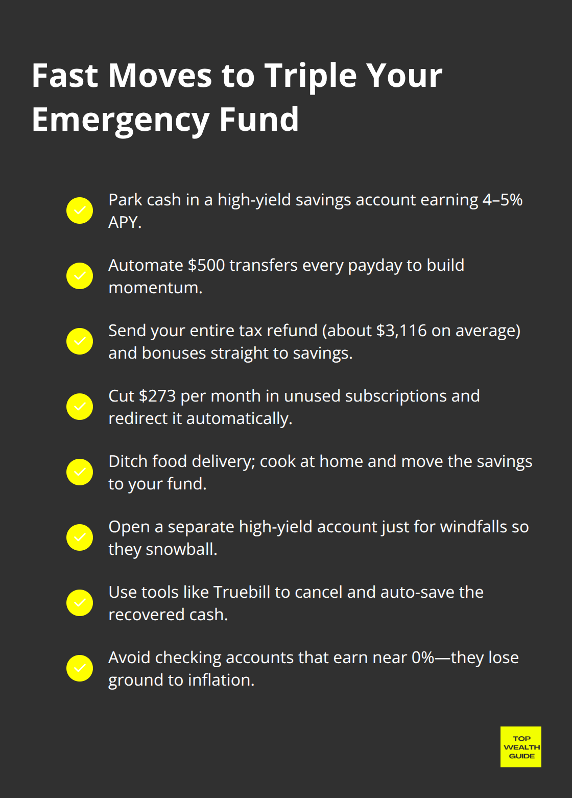 Checklist of practical steps to rapidly grow an emergency fund in the U.S. - emergency savings