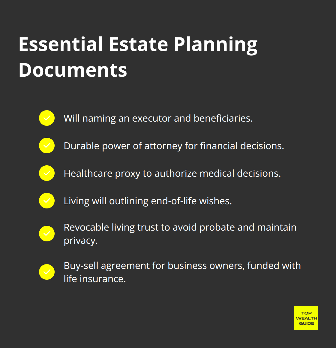 Checklist of core documents every comprehensive U.S. estate plan should include.