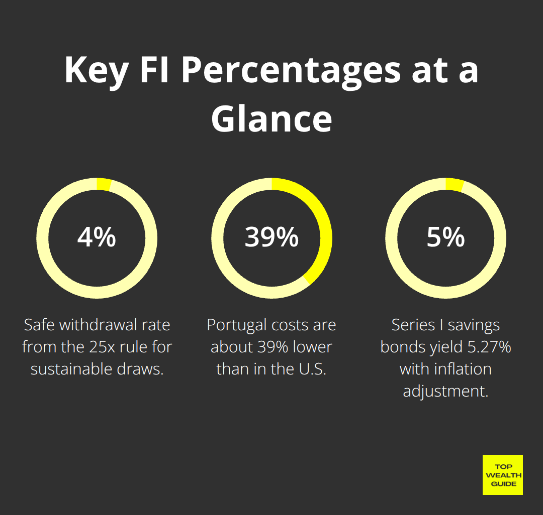 Three core percentages that shape a U.S. financial independence plan: safe withdrawal rate, I‑bond yield, and Portugal’s cost difference vs. the U.S.