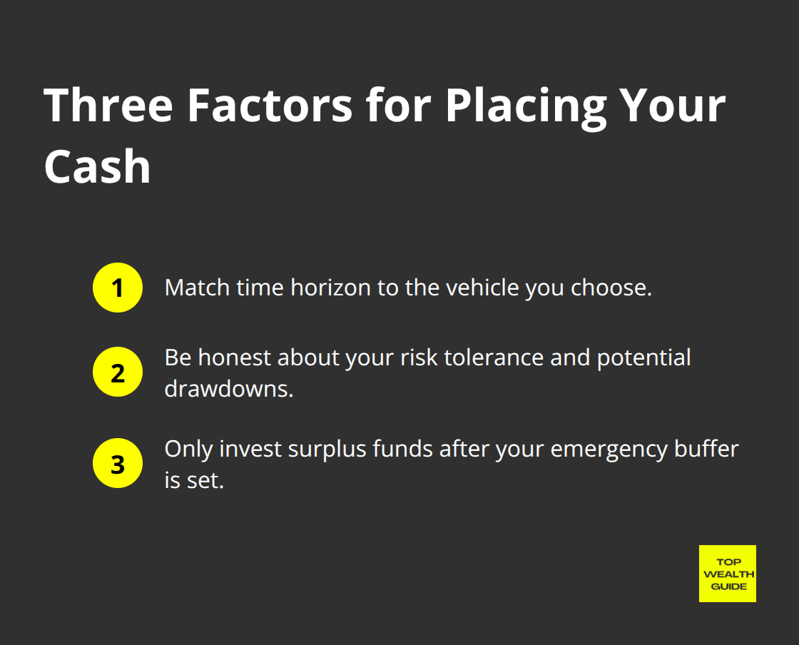 Compact checklist of time horizon, risk tolerance, and surplus-only investing for cash placement - high yield savings