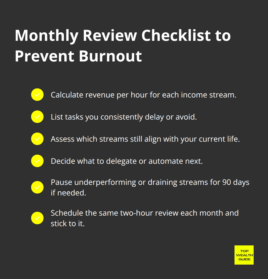 Checklist of monthly review actions to keep multiple income streams sustainable.