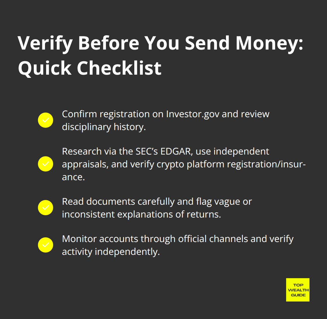 Checkmark list of steps to verify an investment before sending money - investment fraud