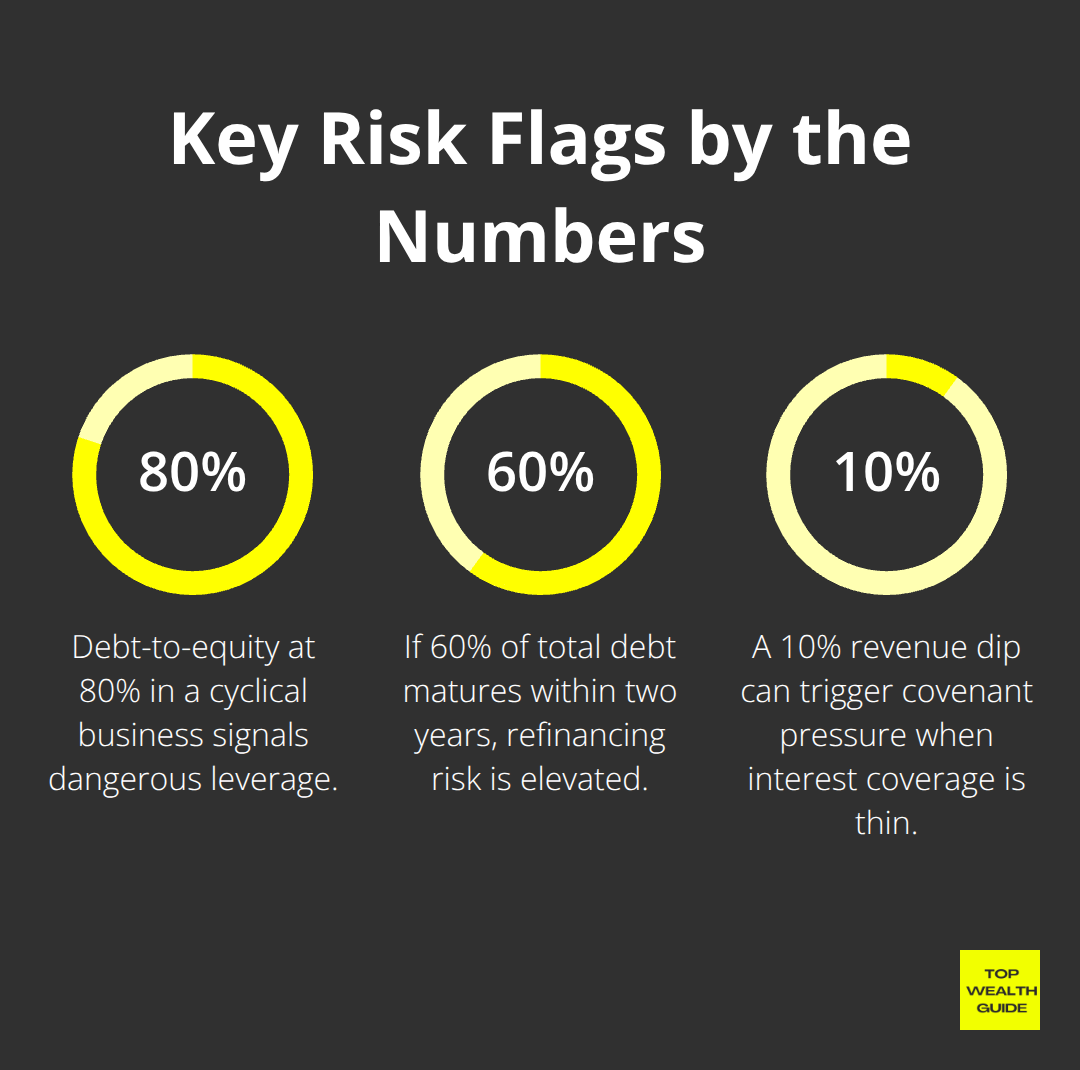Three percentage-based risk flags for deal diligence: leverage, maturities, and sensitivity to revenue dips.