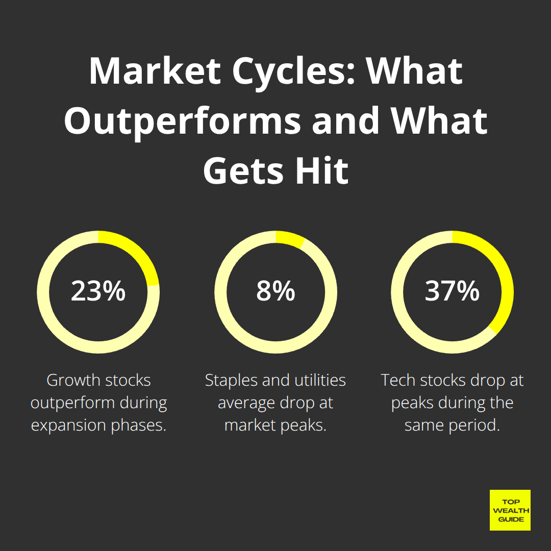 Chart showing 23% growth stock outperformance in expansions, 8% drop for staples/utilities at peaks, and 37% drop for tech at peaks. - investment timing