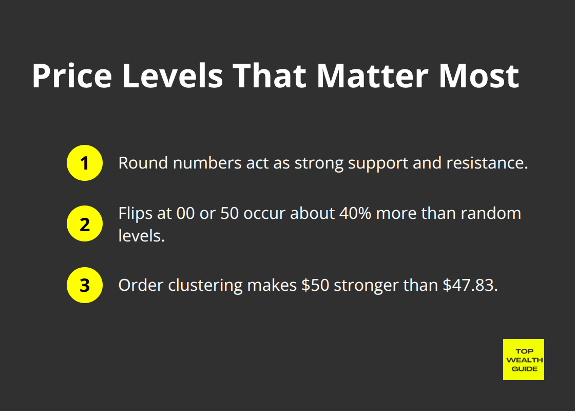 Compact list of key price level behaviors: round numbers, higher flip frequency at 00/50, and the psychology behind clustered orders.