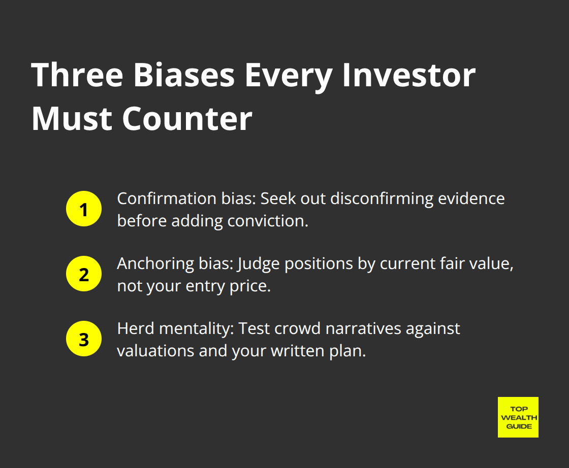 Compact list of confirmation bias, anchoring bias, and herd mentality for investors