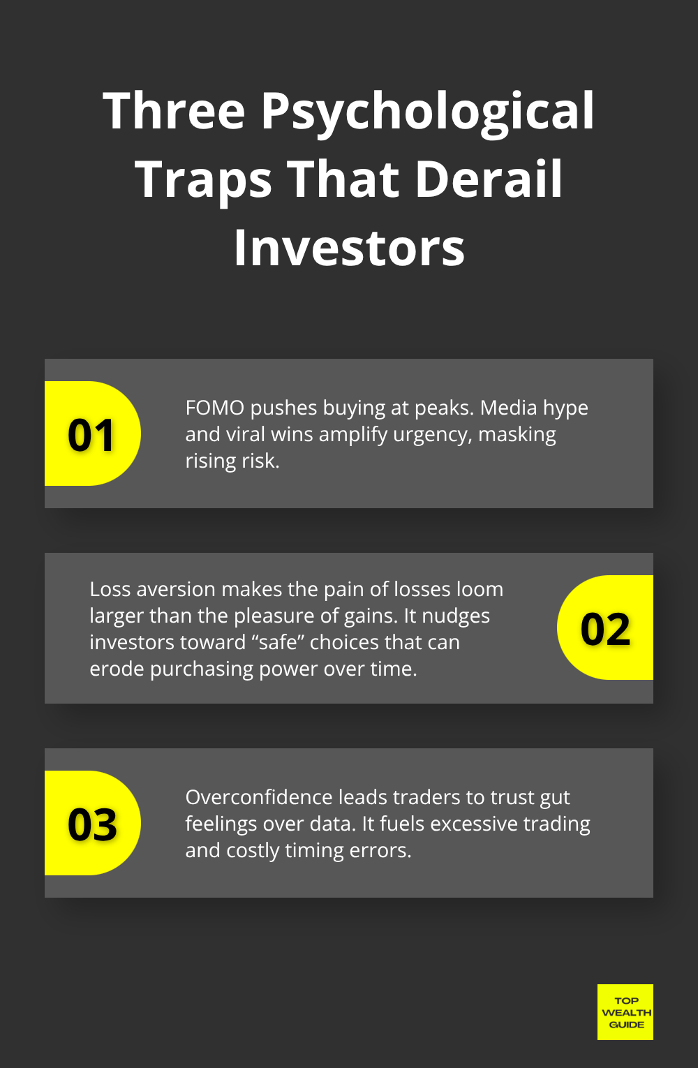 Stylized list explaining FOMO, loss aversion, and overconfidence in investing - money psychology