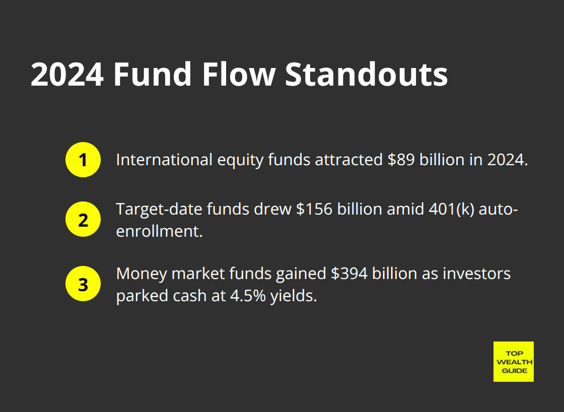 Three major 2024 fund flow trends: international equity inflows, target-date fund inflows, and money market fund surges.
