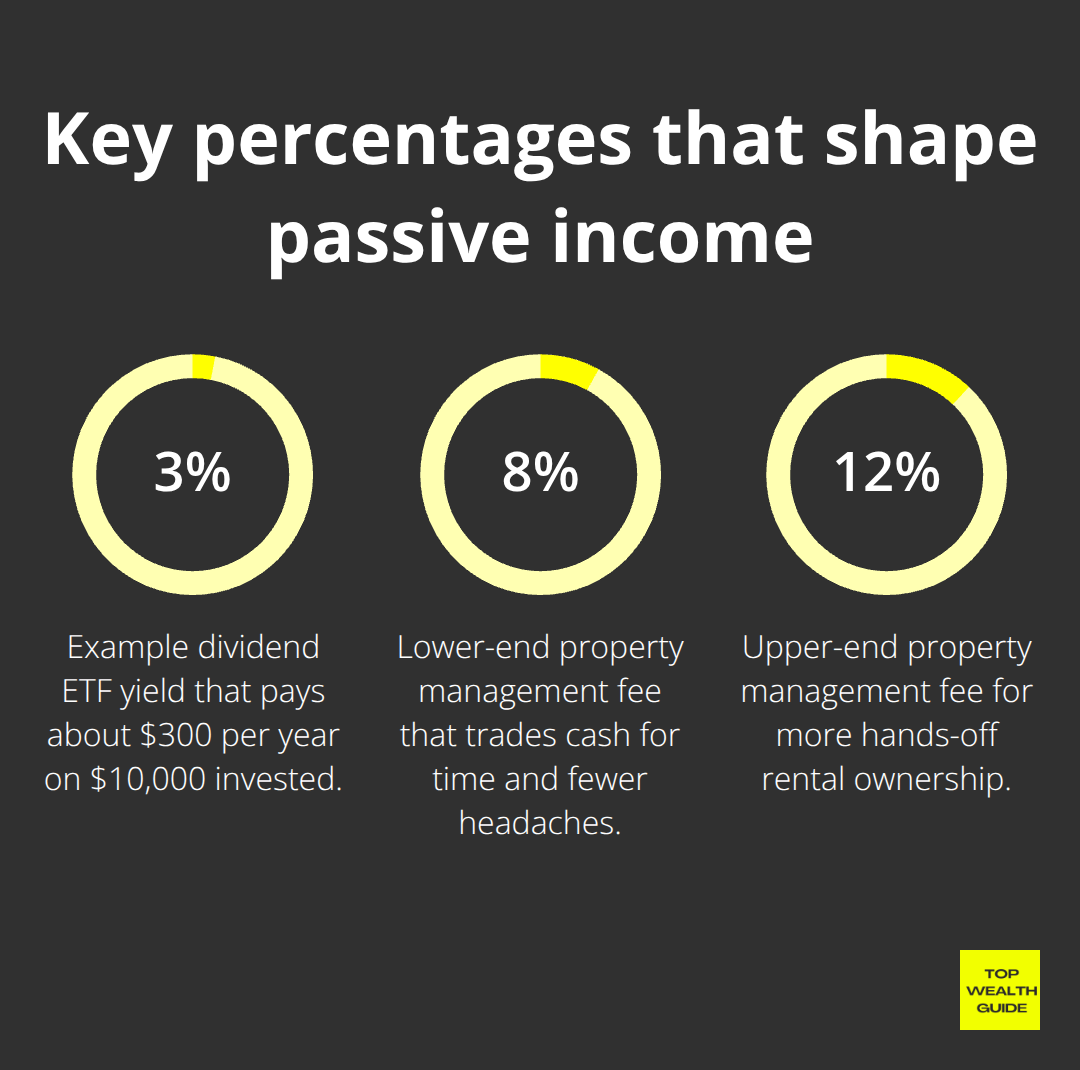 Visual showing key percentages mentioned in the post: dividend yield, property management fees, and profit shave from delegating. - passive income