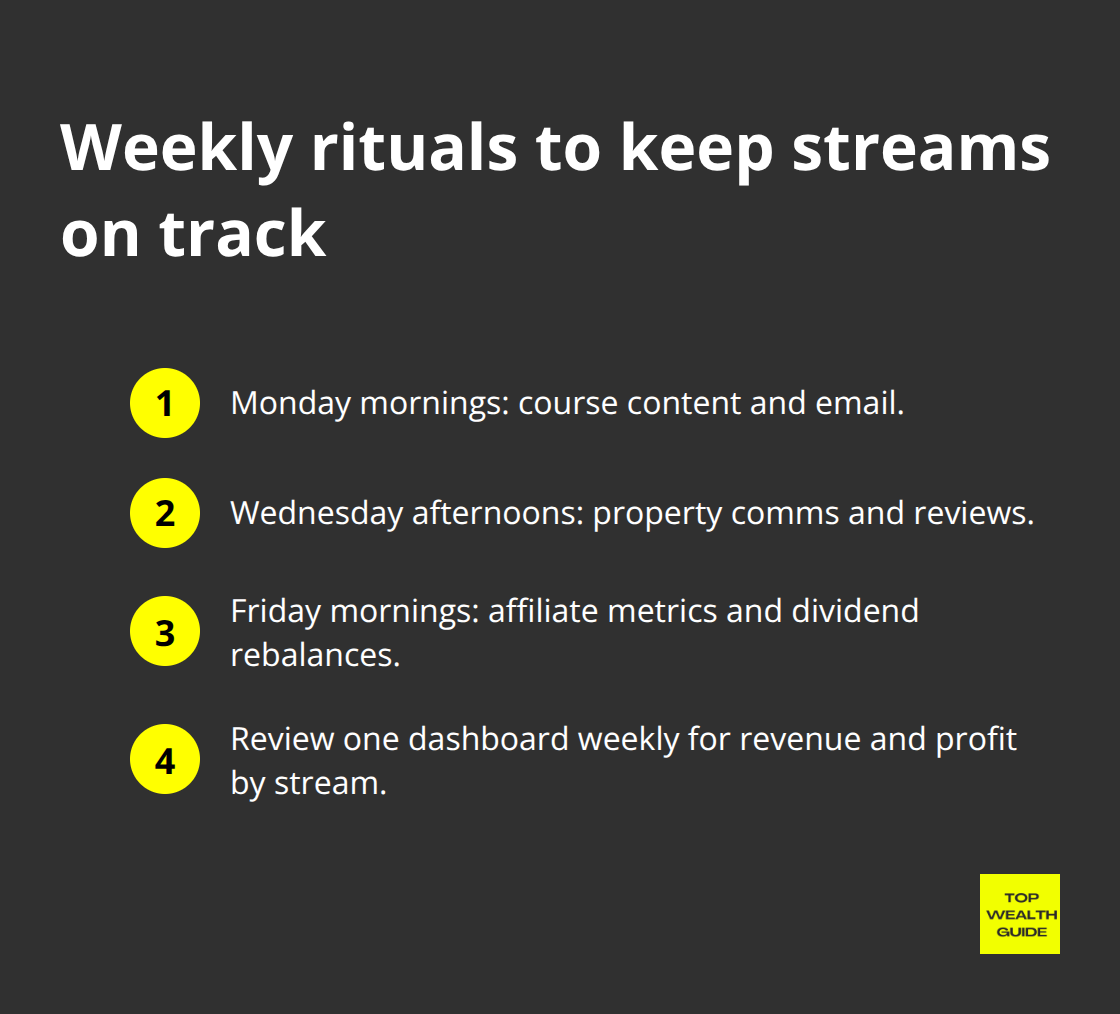 Compact checklist of weekly time blocks to manage multiple income streams without burnout.