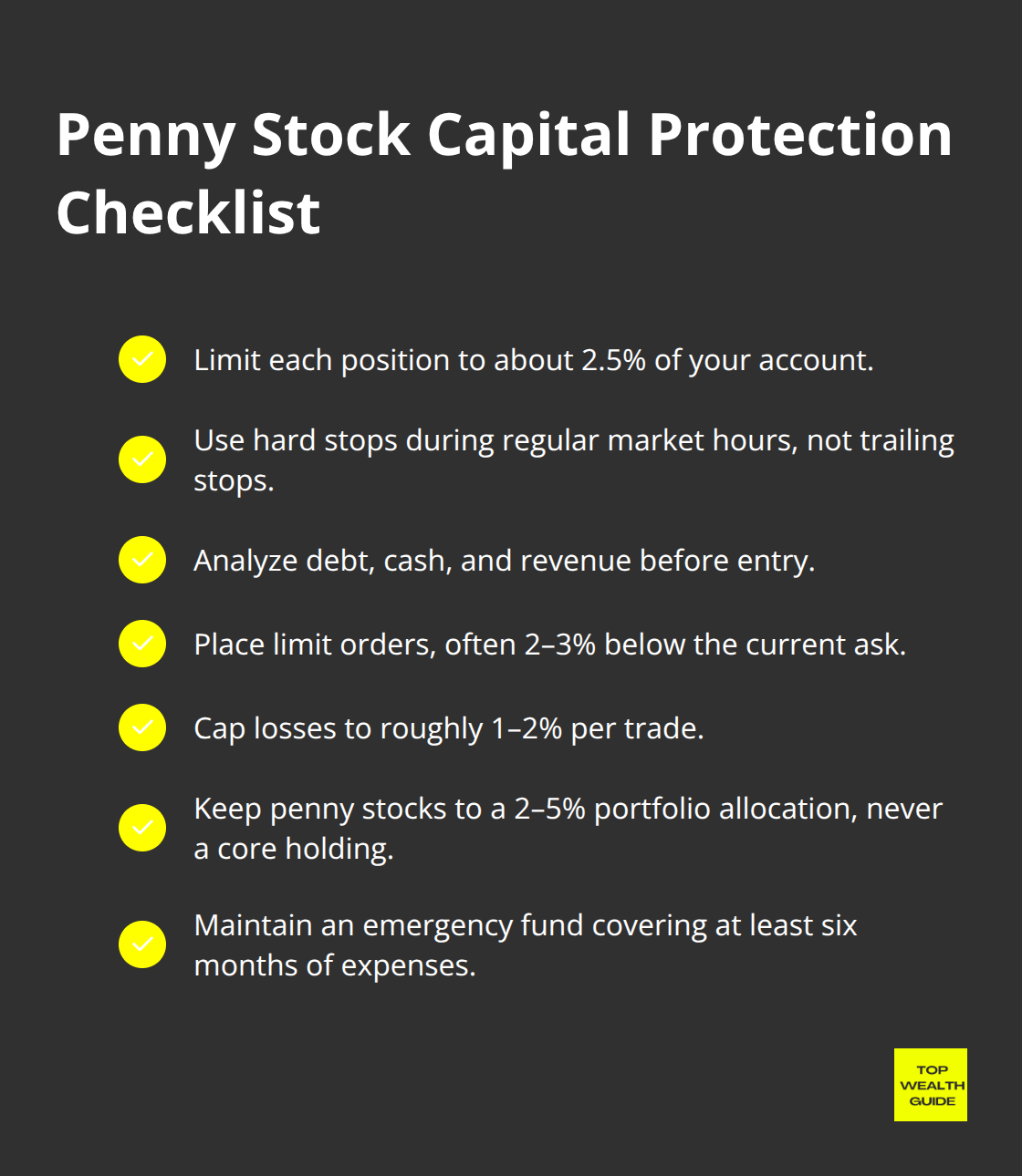 Checklist of risk controls for trading penny stocks, including sizing, stops, research, and order discipline. - penny stock trading
