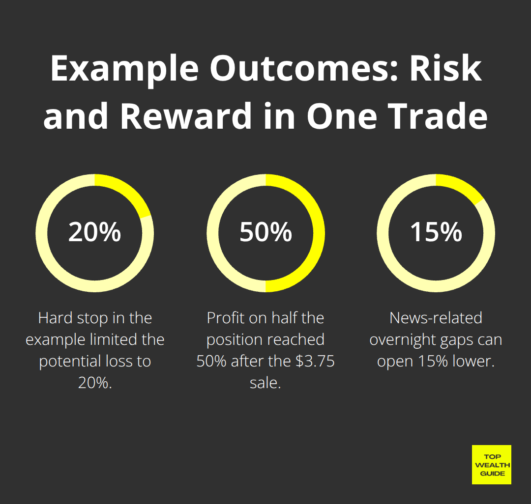 Percentage chart showing a 20% max loss, 50% profit on half the position, and a 15% gap risk from news.