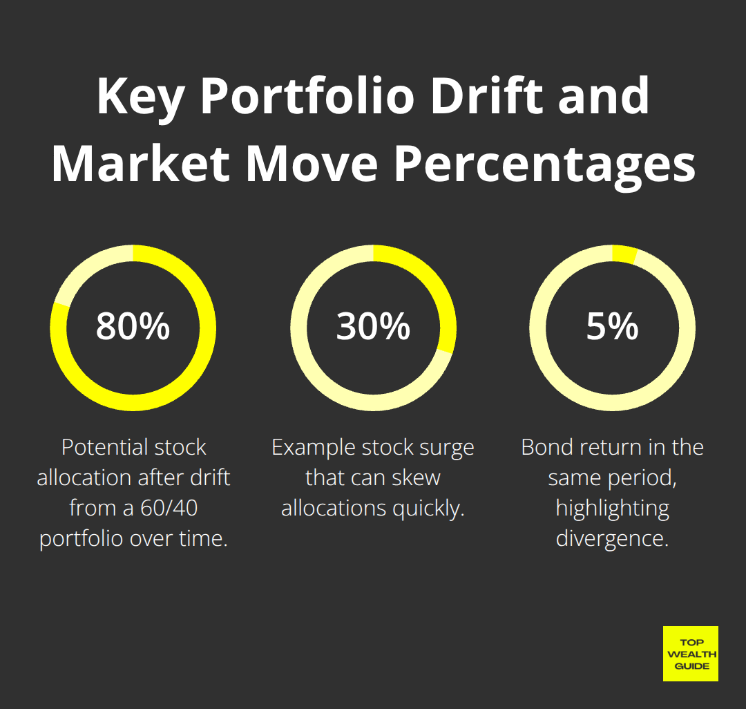 Infographic showing 80% stock drift, 30% stock surge, and 5% bond return to illustrate rebalancing needs. - Portfolio rebalancing
