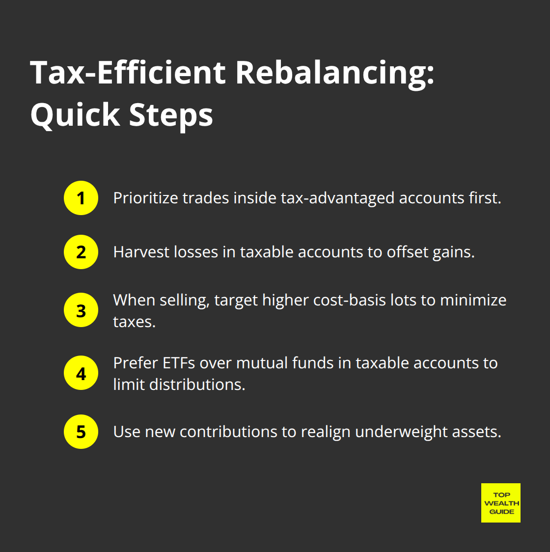 Compact list of tax-smart rebalancing steps for U.S. investors.