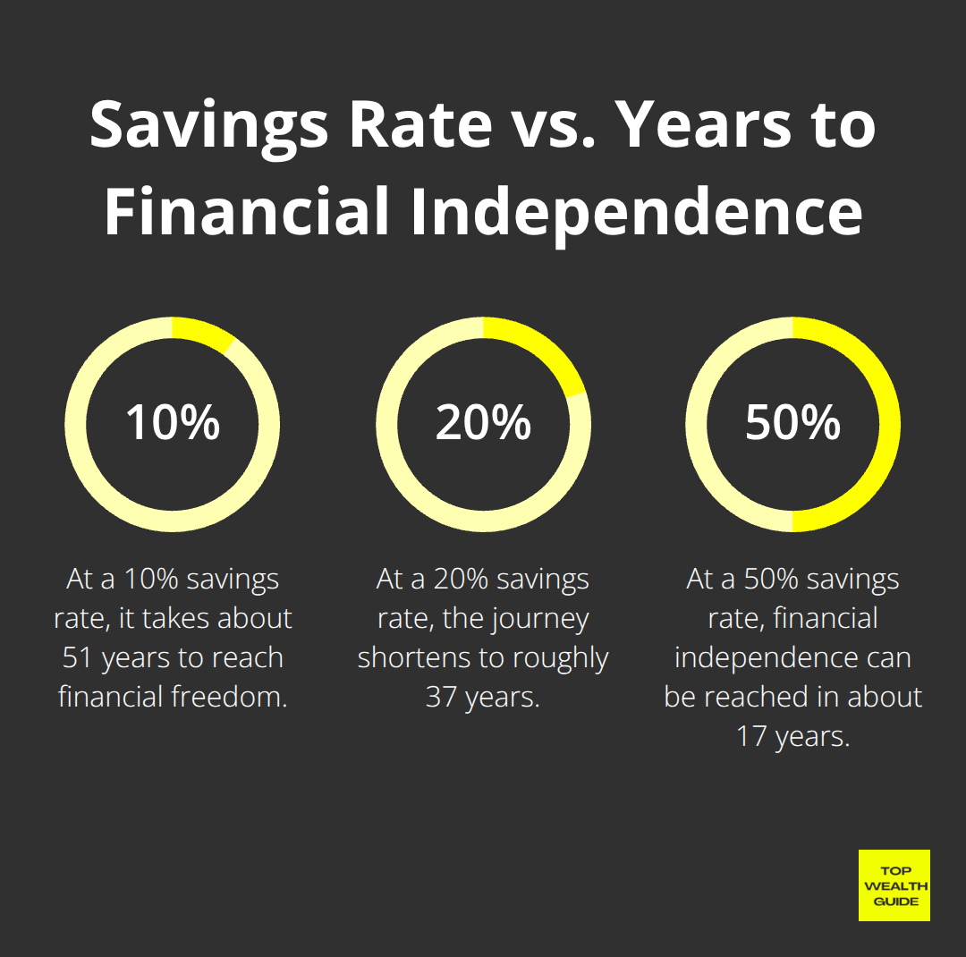 Comparison of years to reach financial independence at 10%, 20%, and 50% savings rates.
