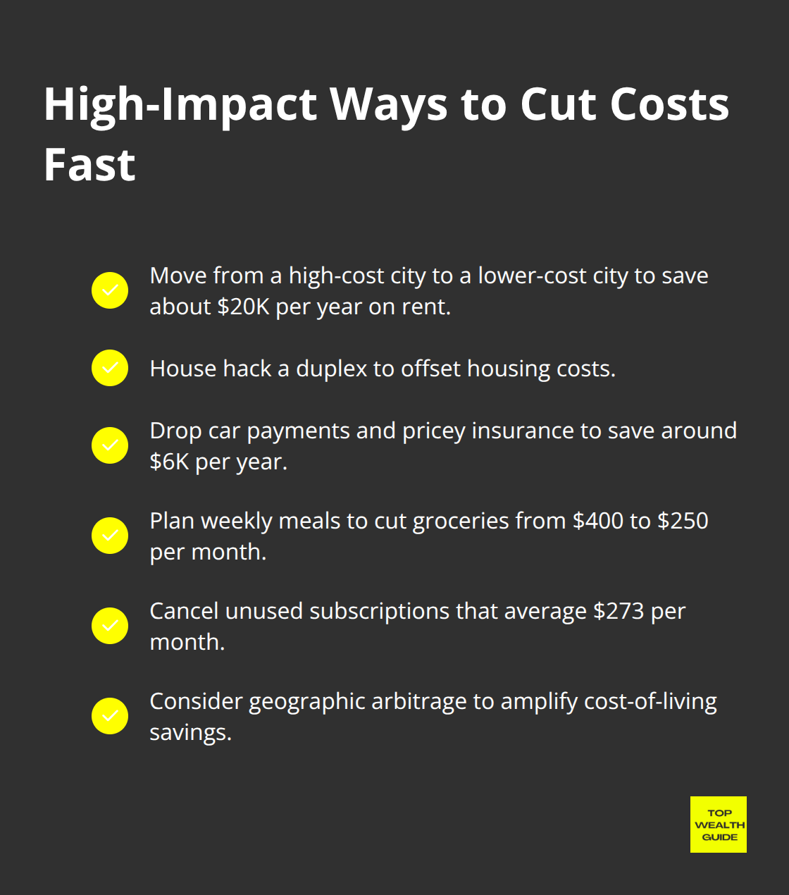 Checklist of practical expense cuts to help achieve extreme savings rates.