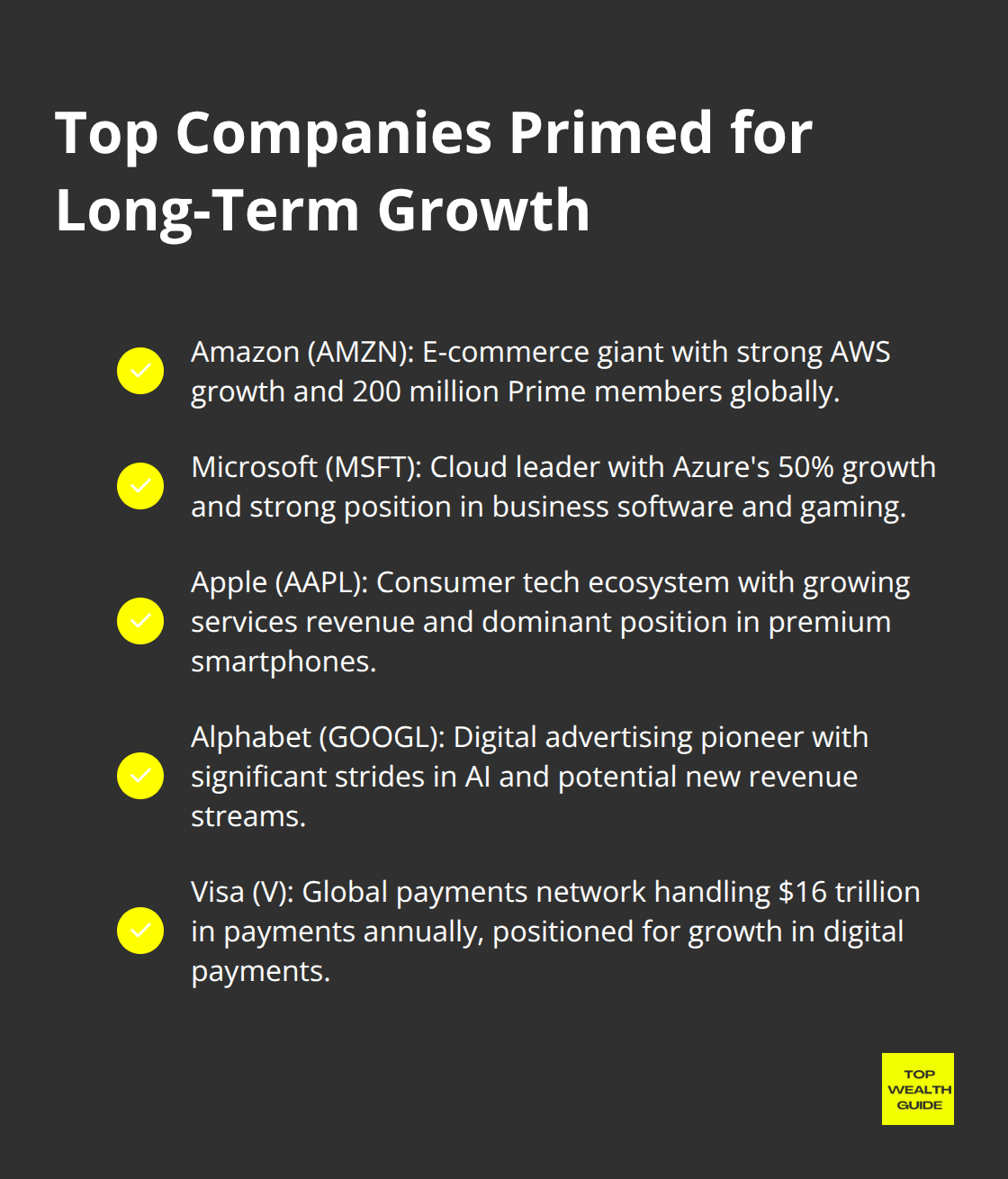 A checkmark list showing five top companies primed for long-term growth: Amazon, Microsoft, Apple, Alphabet, and Visa. - top 10 best stocks to buy now for long term