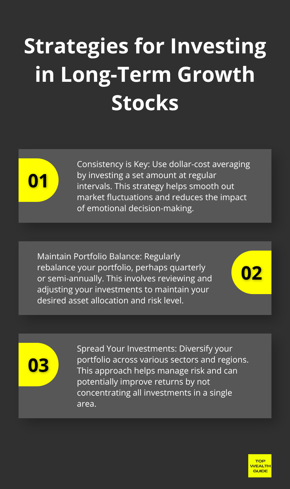 An ordered list chart showing three key strategies for investing in long-term growth stocks: Consistency is Key, Maintain Portfolio Balance, and Spread Your Investments.