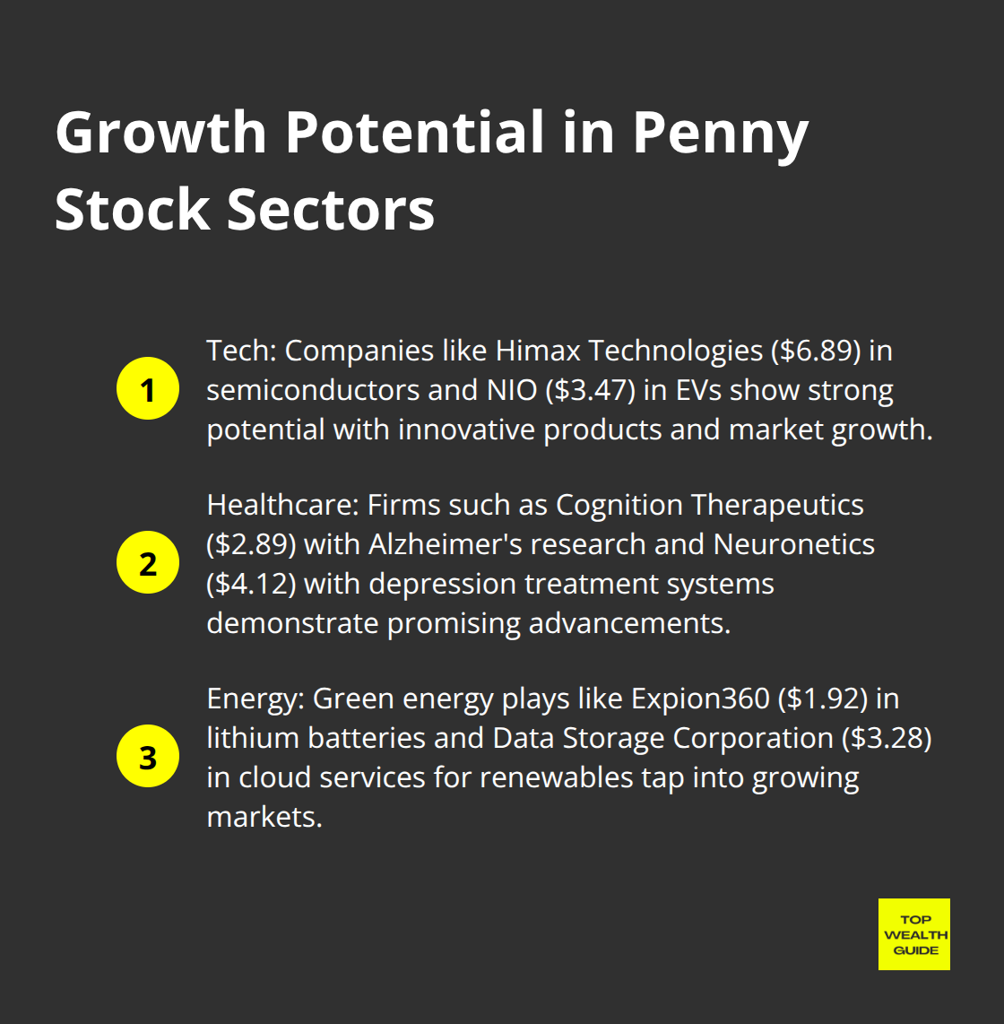 Ordered list chart showing growth potential in tech, healthcare, and energy penny stock sectors. - top 100 penny stocks