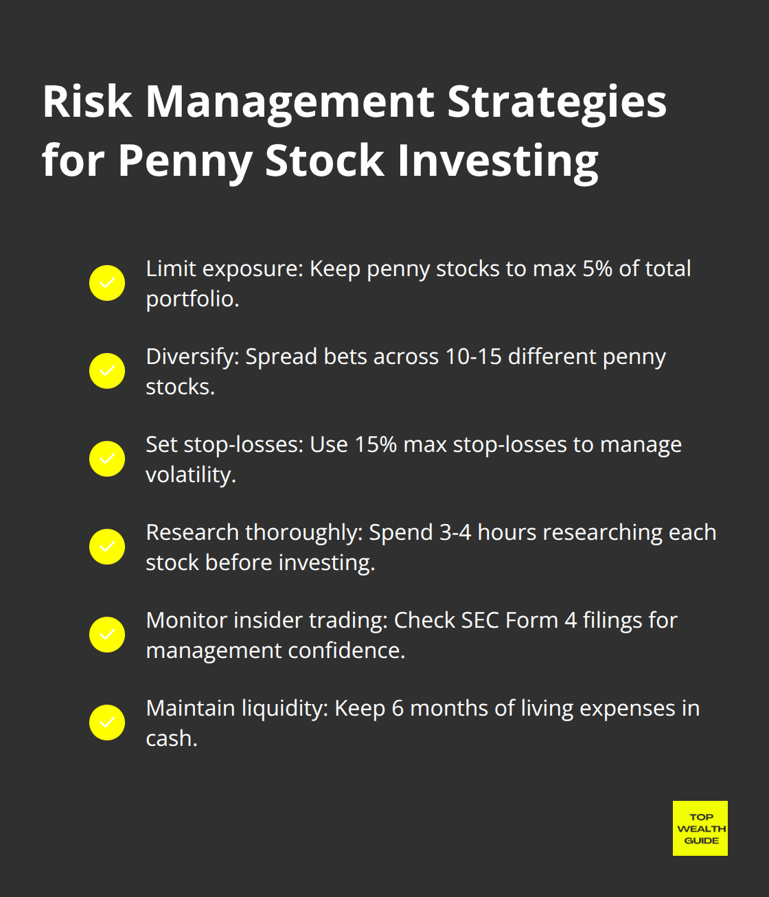 Checkmark list chart showing six key risk management strategies for penny stock investing. - top 100 penny stocks