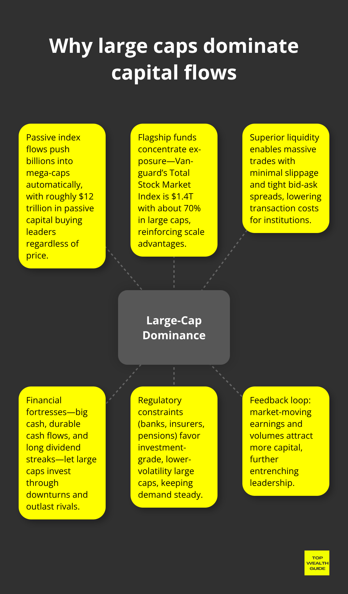 Hub-and-spoke diagram explaining structural forces that channel capital into large-cap stocks