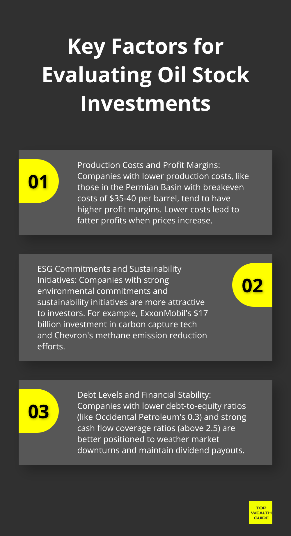 Ordered list chart showing three key factors for evaluating oil stock investments: production costs and profit margins, ESG commitments, and debt levels - top rated oil stocks