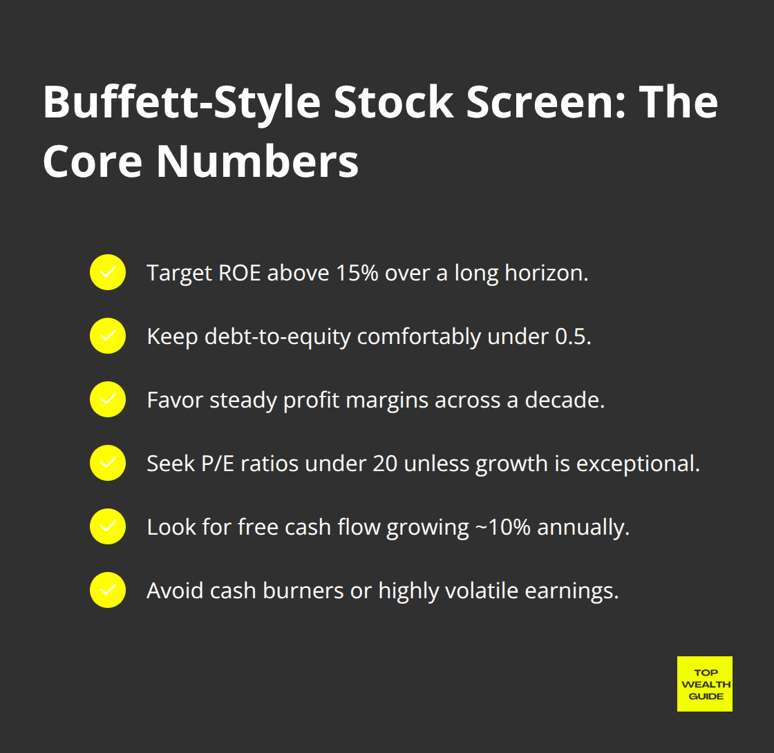 Key quantitative filters for value stock selection inspired by Buffett’s approach. - Value investing