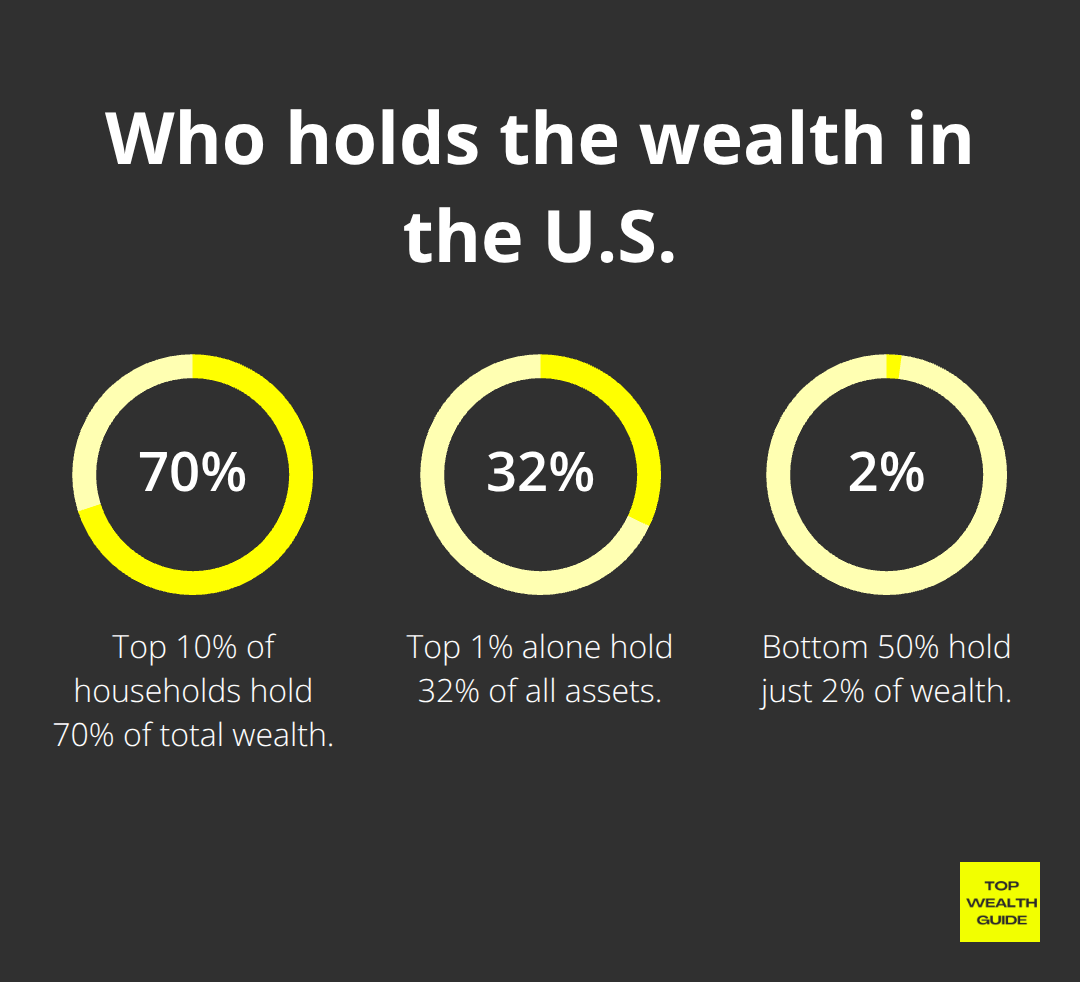 Chart showing wealth shares: top 10% hold 70%, top 1% hold 32%, bottom 50% hold 2%. - wealth gaps