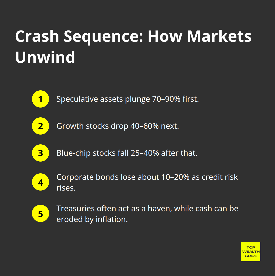 Visual sequence of typical asset declines during market crashes