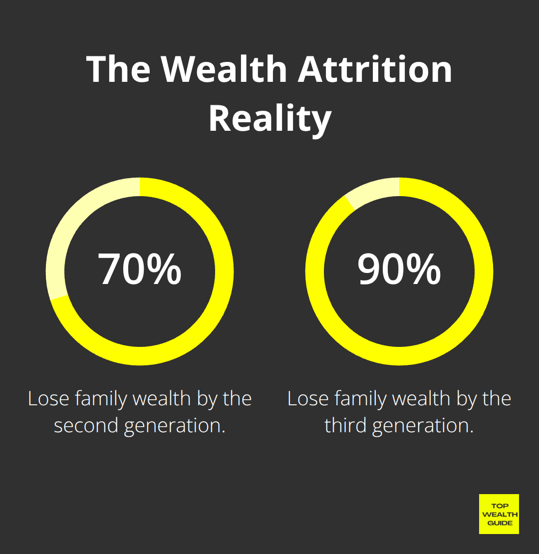Chart showing that 70% of wealthy families lose wealth by the second generation and 90% by the third.