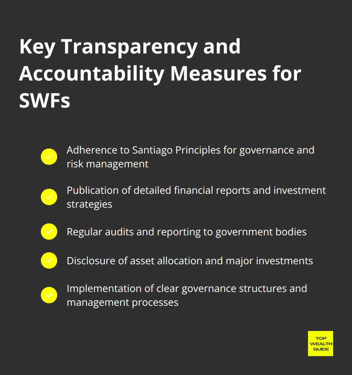 Checkmark list showing key transparency and accountability measures for Sovereign Wealth Funds